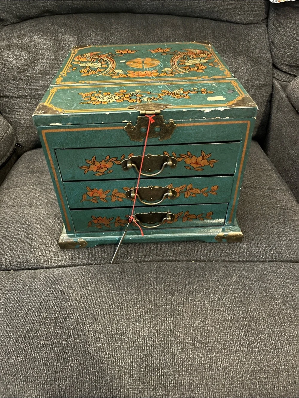 Vintage Chinese Green & Gold Wooden Jewelry Box Mirror, 3 Drawers Floral Design